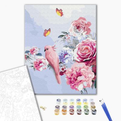 გასაფერადებელი ნომრებით Brushme BS33352 Parrot in flowers  40*50სმ. ტილო ჩარჩოზე, აკრილის საღებავი, ფუნჯები /ნაკრები/